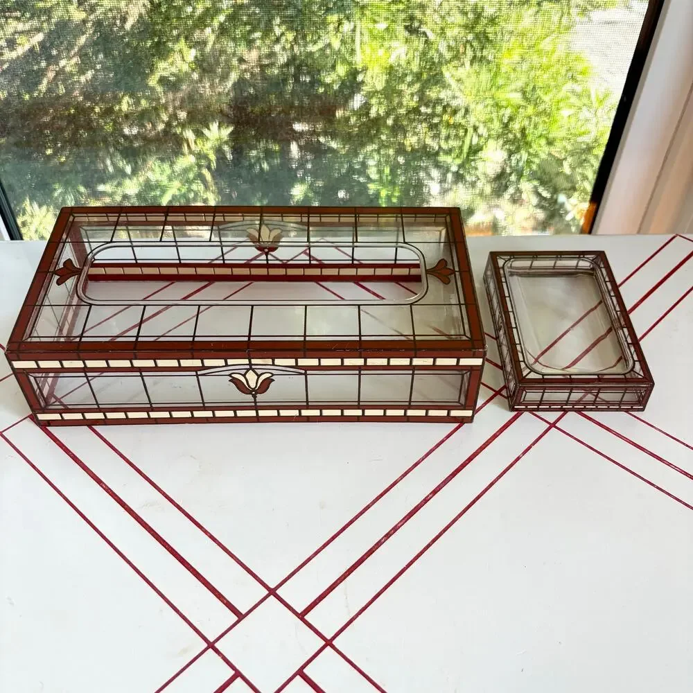 Vintage MCM Lucite Stained Glass Tissue Box Cover Soap Dish Set
